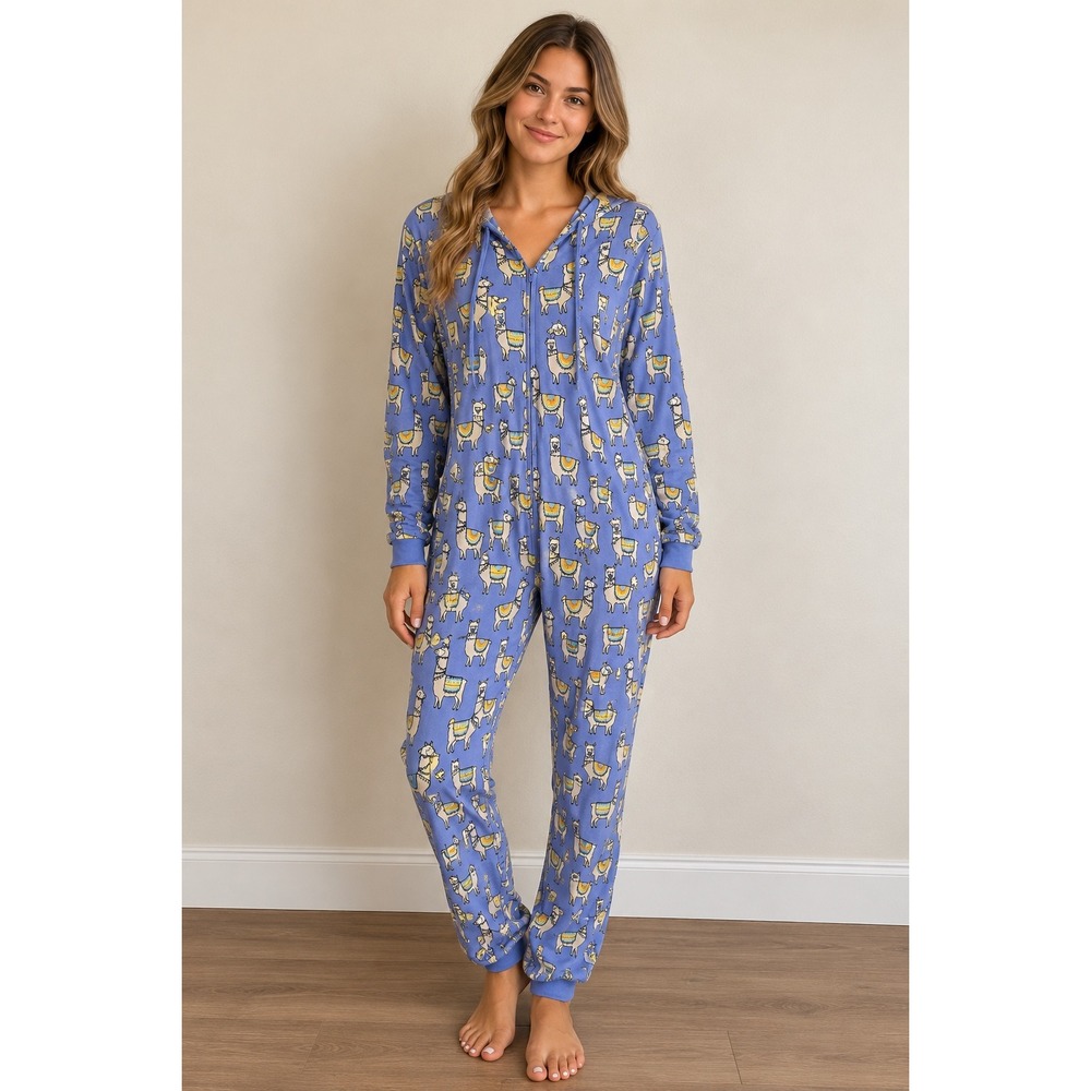 MeUndies Unisex M/L Blue Llama Print Hooded Onesie Pajamas